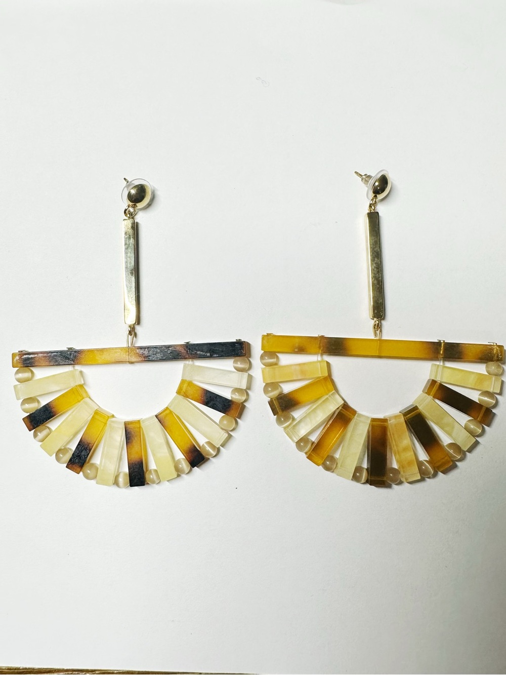Hand Crafted Yellow Amber Fan Hoop Earrings with Gold Accents